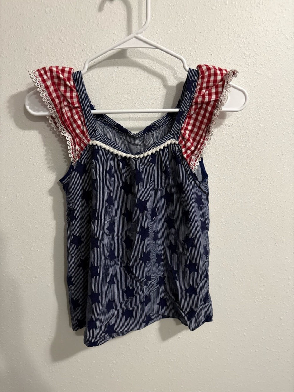 Women’s HOMEMADE Navy Star-Print Tank with Red Gingham Ruffle